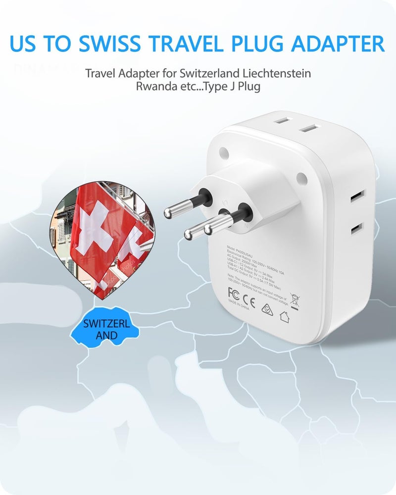 Lencent Switzerland Travel Plug Adapter, Swiss Power Adaptor with 4 American Outlets, 4 USB Charger(2 USB C), Type J Plug Converter for US to Switzerland, Liechtenstein, Rwanda, Safe Grounded - Image 2